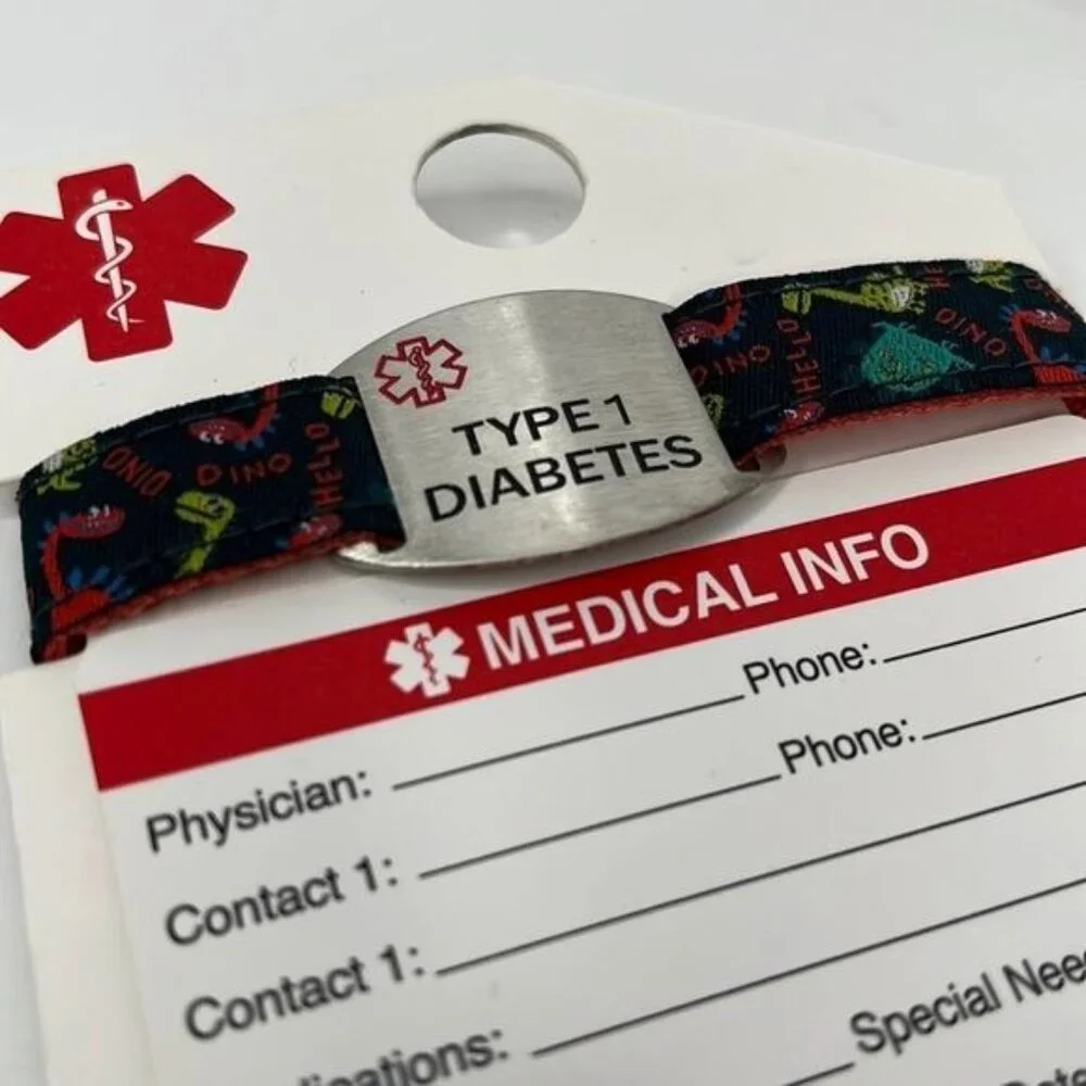 Medical ID Bracelet Type 1 Diabetes Dinosaur Multi Color Bracelet w/Medical Card